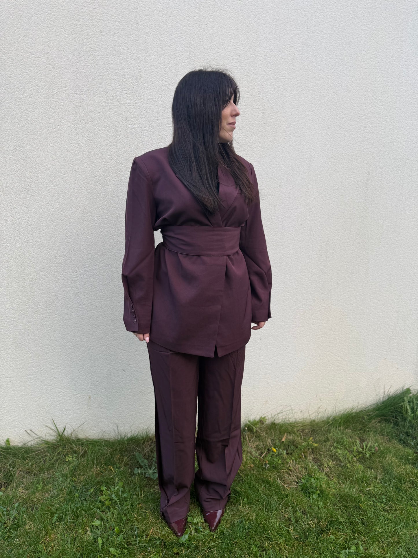 Ensemble blazer à ceinture [ bordeaux ]