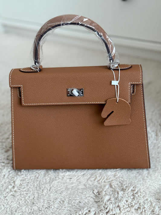 Sac Key marron surpiqué blanc 25cm cuir véritable