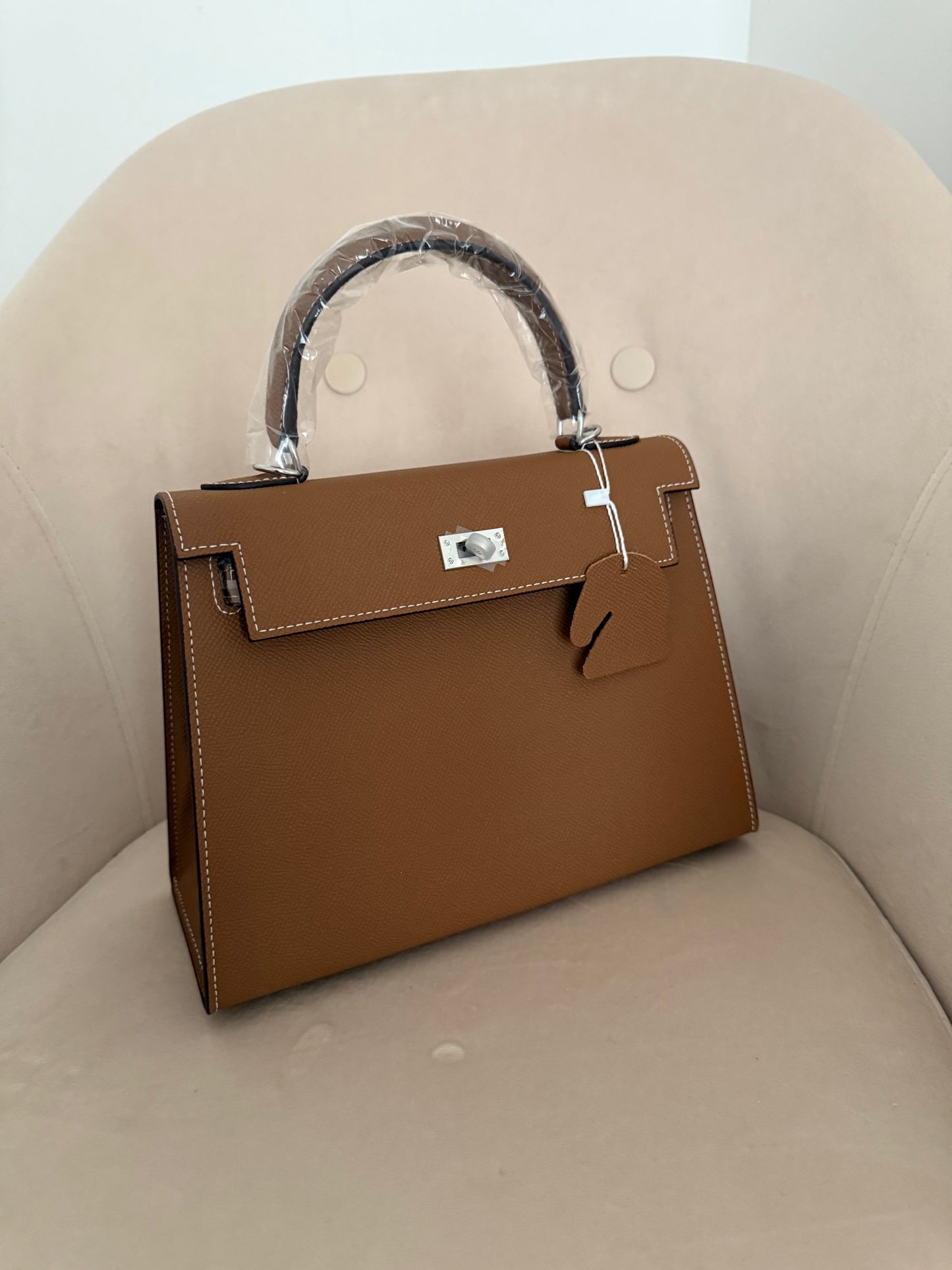 Sac Key marron surpiqué blanc 25cm cuir véritable